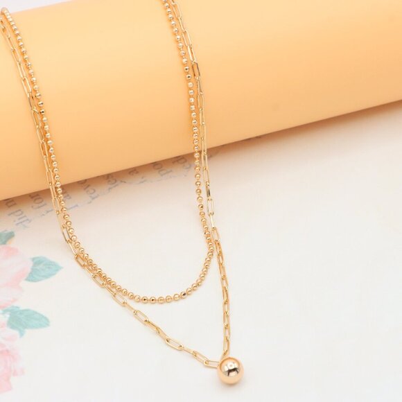 Layered Rose Gold Necklace with Ball Charm, XPNL0350 - Picture 6 of 13